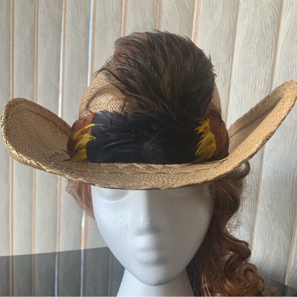 Accessories - Straw Cowboy Hat with Pheasant Feather hatband along with w/Coque tails. medium